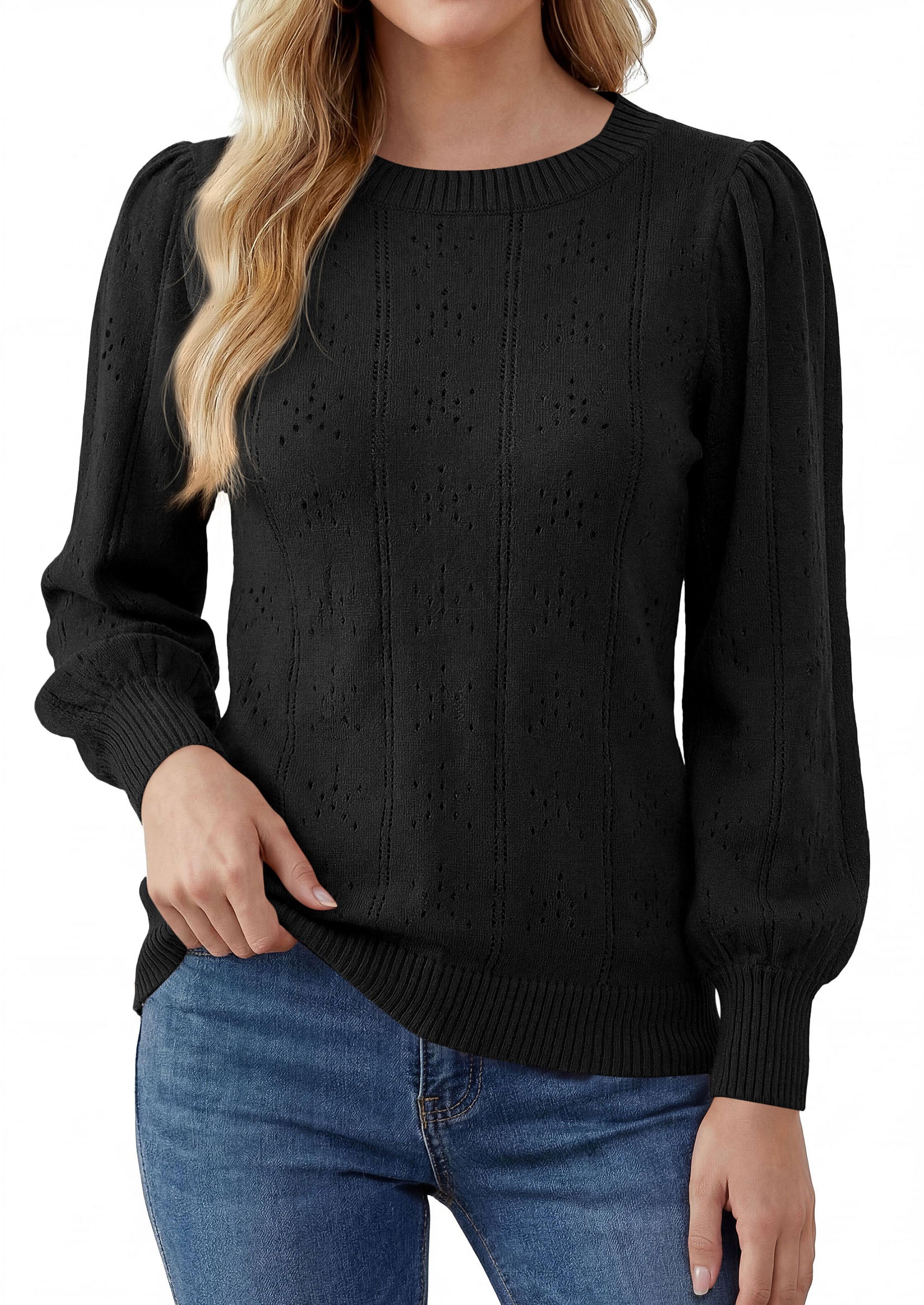 PRETTYGARDEN Women Fall Fashion Hollow Out Holiday Sweaters | Stretchy Cozy Knit, Puff Long Sleeve Pullover Tops, Crewneck Loose Fit, Dressy Casual Blouse, Trendy Winter Going Out Outfits