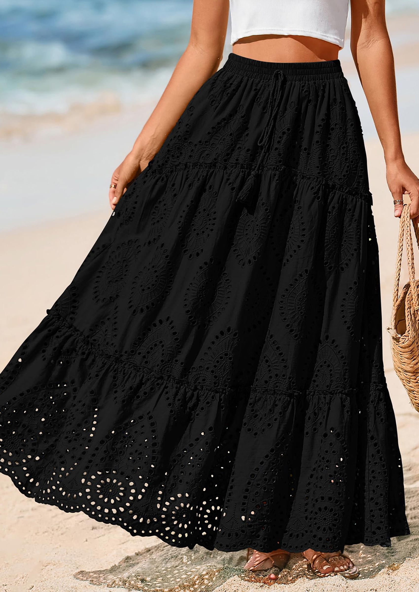 BTFBM Women's Boho Casual Skirts Summer Lace Embroidery Eyelet Elastic Waist Flowy Tiered A-Line Beach Maxi Skirt