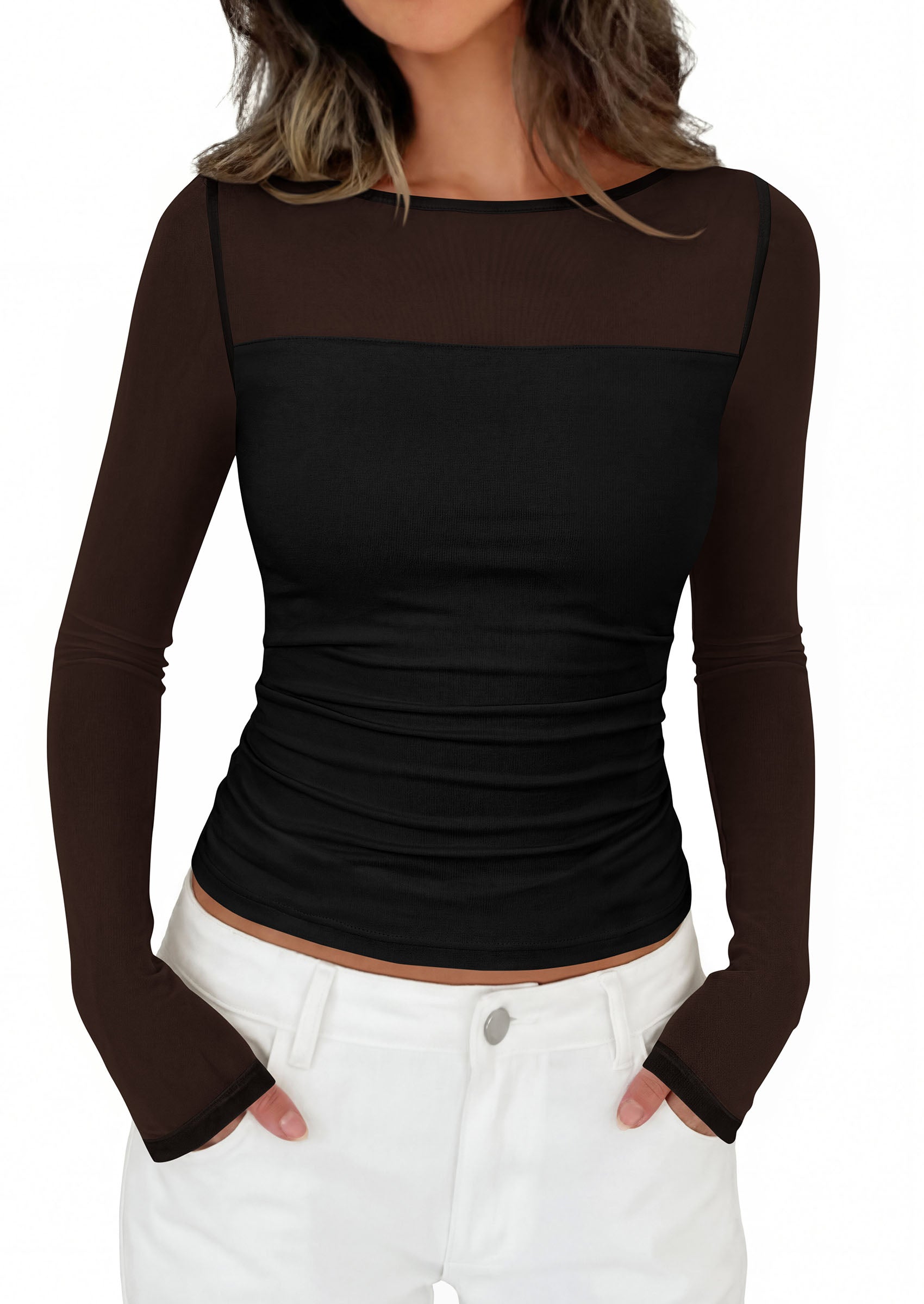 PRETTYGARDEN Women's 2026 Fall Long Sleeve T Shirts Sheer Mesh Boat Neck Ruched Fitted Going Out Summer Tops Fashion Clothing