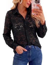 PRETTYGARDEN Women Lace Tops Button Down Long Sleeve Shirts  | Sheer Lace Button Shirts, Elegant Ruffle Collar Blouses, Eyelet Tops Dressy Casual, Date Night Outfit, Fall Fashion Clothing