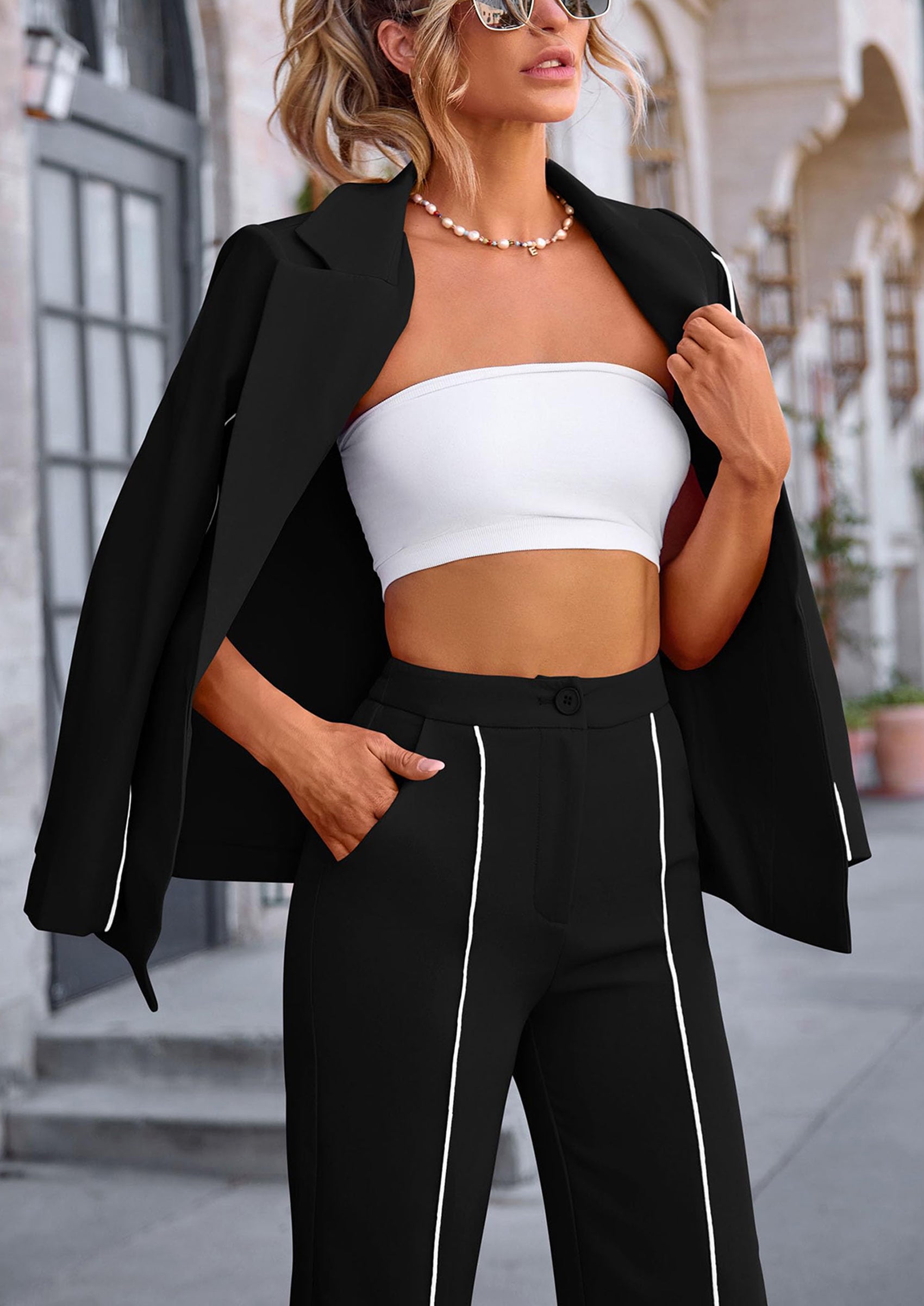 PRETTYGARDEN 2 Piece Blazer Outfits Business Casual Oversized Jacket Wide Leg Work Pants Dressy Suit Set