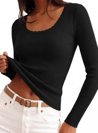 PRETTYGARDEN Women's Fall Lightweight Ribbed Knit Sweaters | Stretchy Cozy Knitwear,Scalloped Scoop Neck,Long Sleeve Shirts,Slim Fitted Pullover,Basic Layering Tops,Cute Casual Outfits