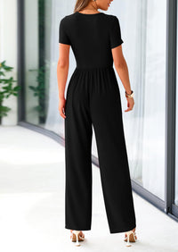 PRETTYGARDEN Women's Summer One Piece Jumpsuits Dressy Casual Short Sleeve Square Neck Wide Leg Jumpsuit Rompers