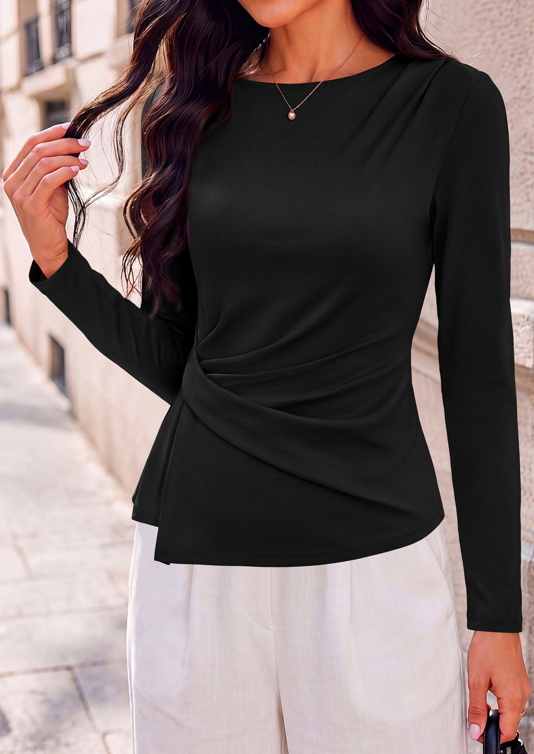 PRETTYGARDEN Womens Ruched Tops Casual Long Sleeve Shirt  Soft Stretchy Knit, Round Neck Slim Fitted Shape, Pleated Asymmetrical Hem, Office Work Daily Wear, Trendy Fall Outfits