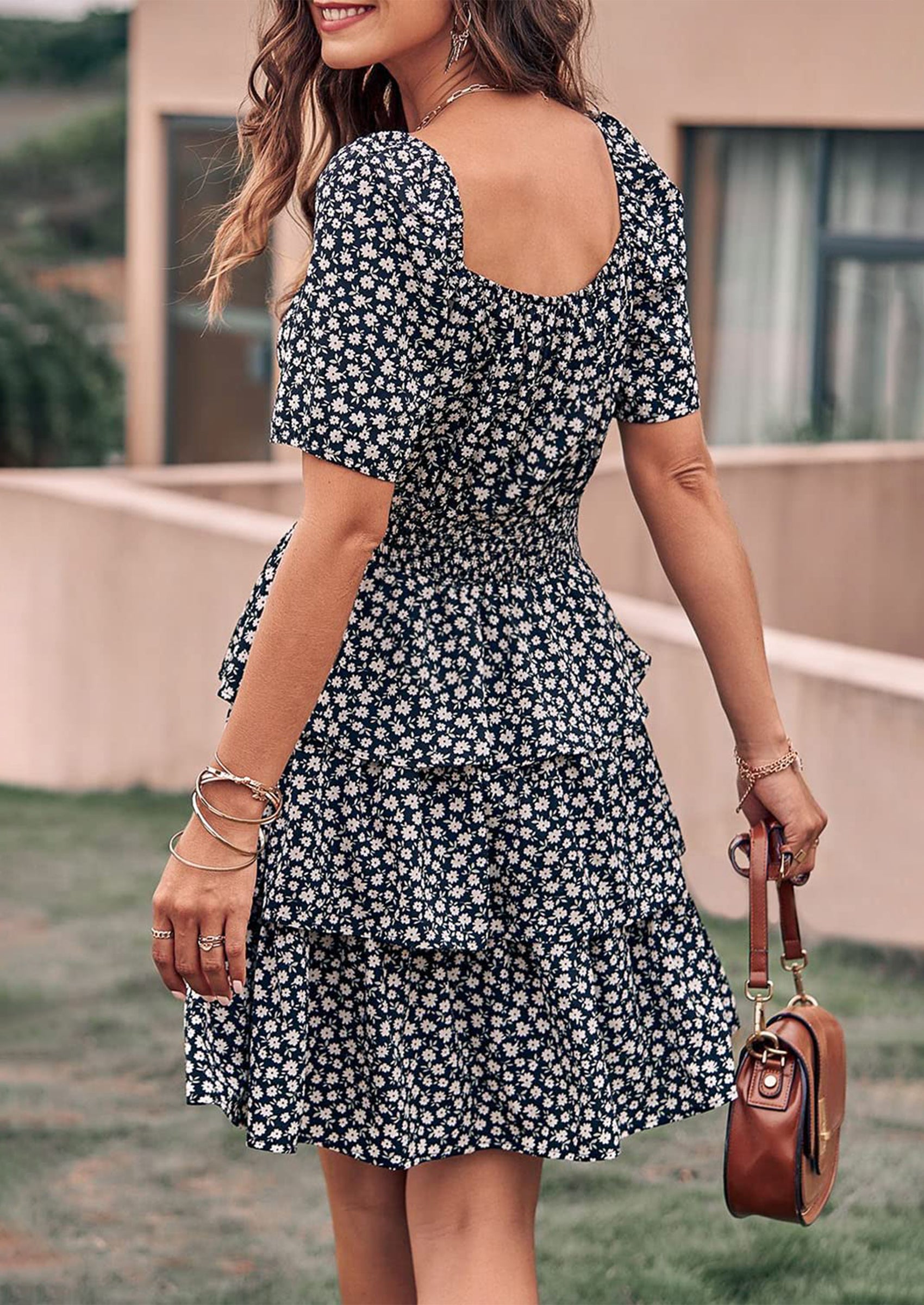 PRETTYGARDEN Women Floral Square Neck Short Sleeve Tiered Ruffle Boho Mini Dresses