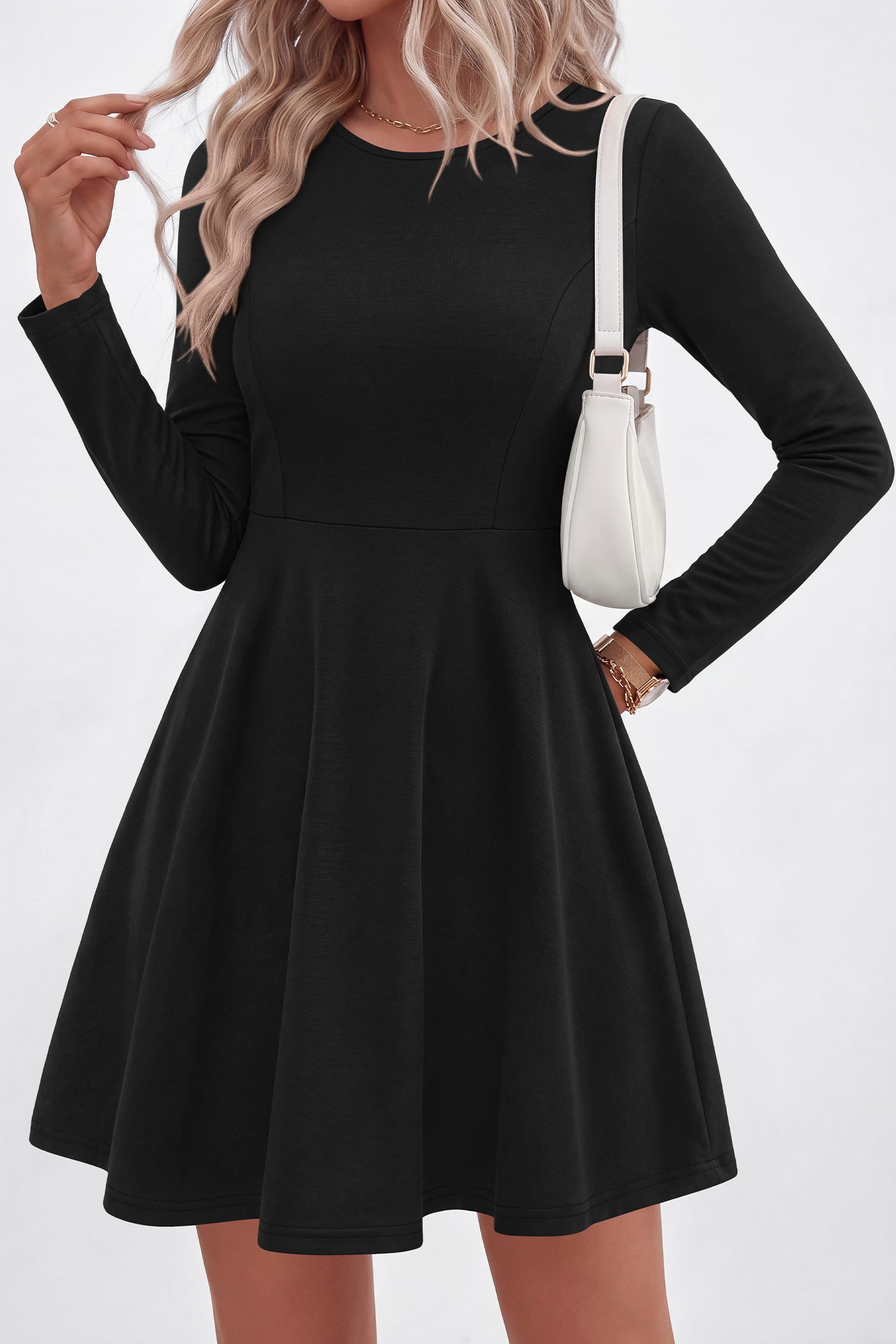PRETTYGARDEN Women Basic Long Sleeve Crewneck Mini Dress
