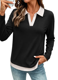 PRETTYGARDEN Womens Casual Polo T-Shirt Color Block Layered Tops | Contrast Collared V Neck Tops, Soft Double Layer T Shirts for Women, Casual Tops for Women, Trendy Fall Outfits 2026