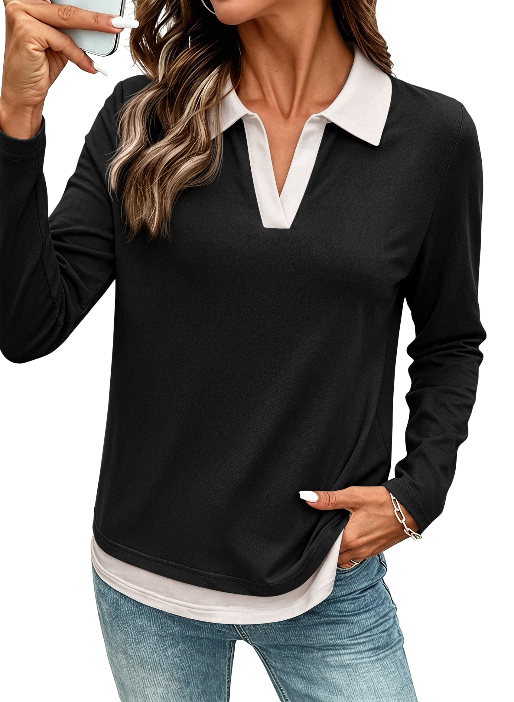 PRETTYGARDEN Womens Casual Polo T-Shirt Color Block Layered Tops | Contrast Collared V Neck Tops, Soft Double Layer T Shirts for Women, Casual Tops for Women, Trendy Fall Outfits 2026