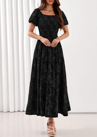 PRETTYGARDEN Women's 2026 Summer Boho Maxi Dresses Floral Short Sleeve Square Neck Smocked Flowy Long Dress Vacation Outfits PRETTYGARDEN