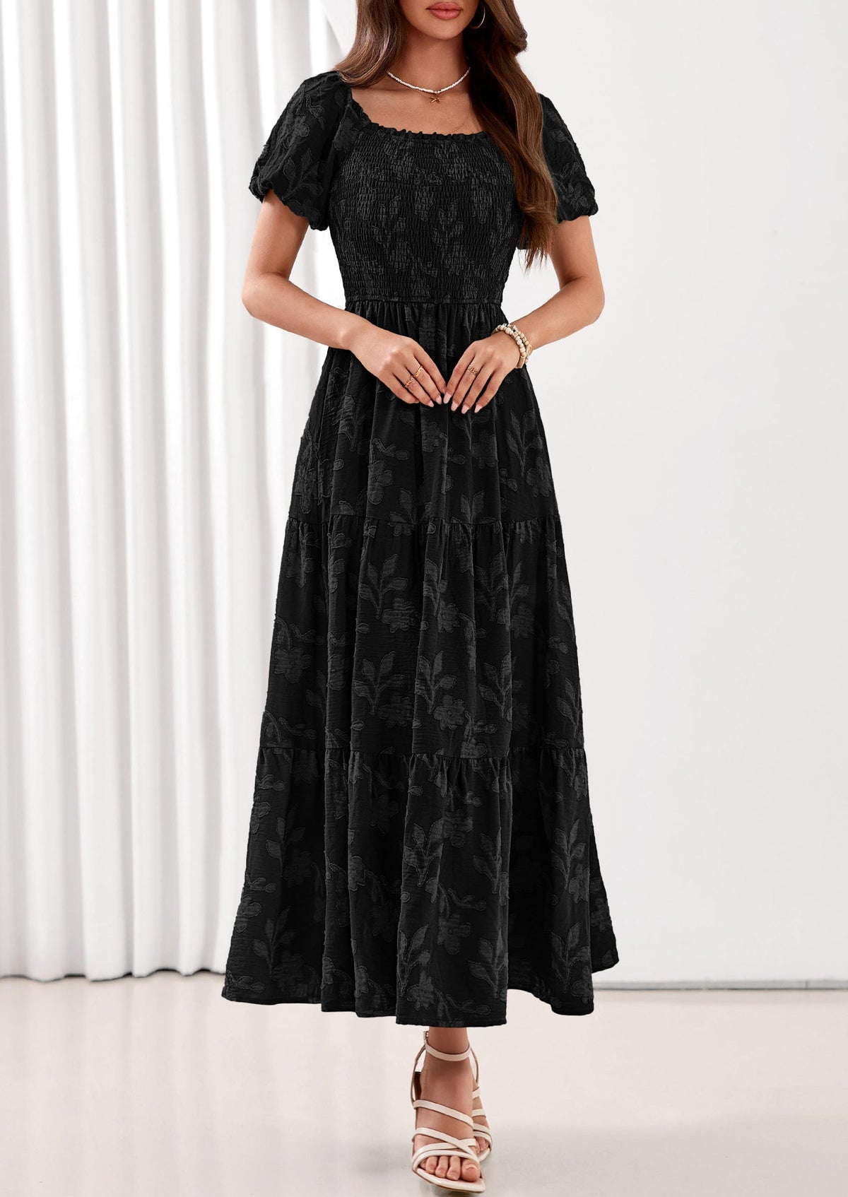 PRETTYGARDEN Women's 2026 Summer Boho Maxi Dresses Floral Short Sleeve Square Neck Smocked Flowy Long Dress Vacation Outfits PRETTYGARDEN
