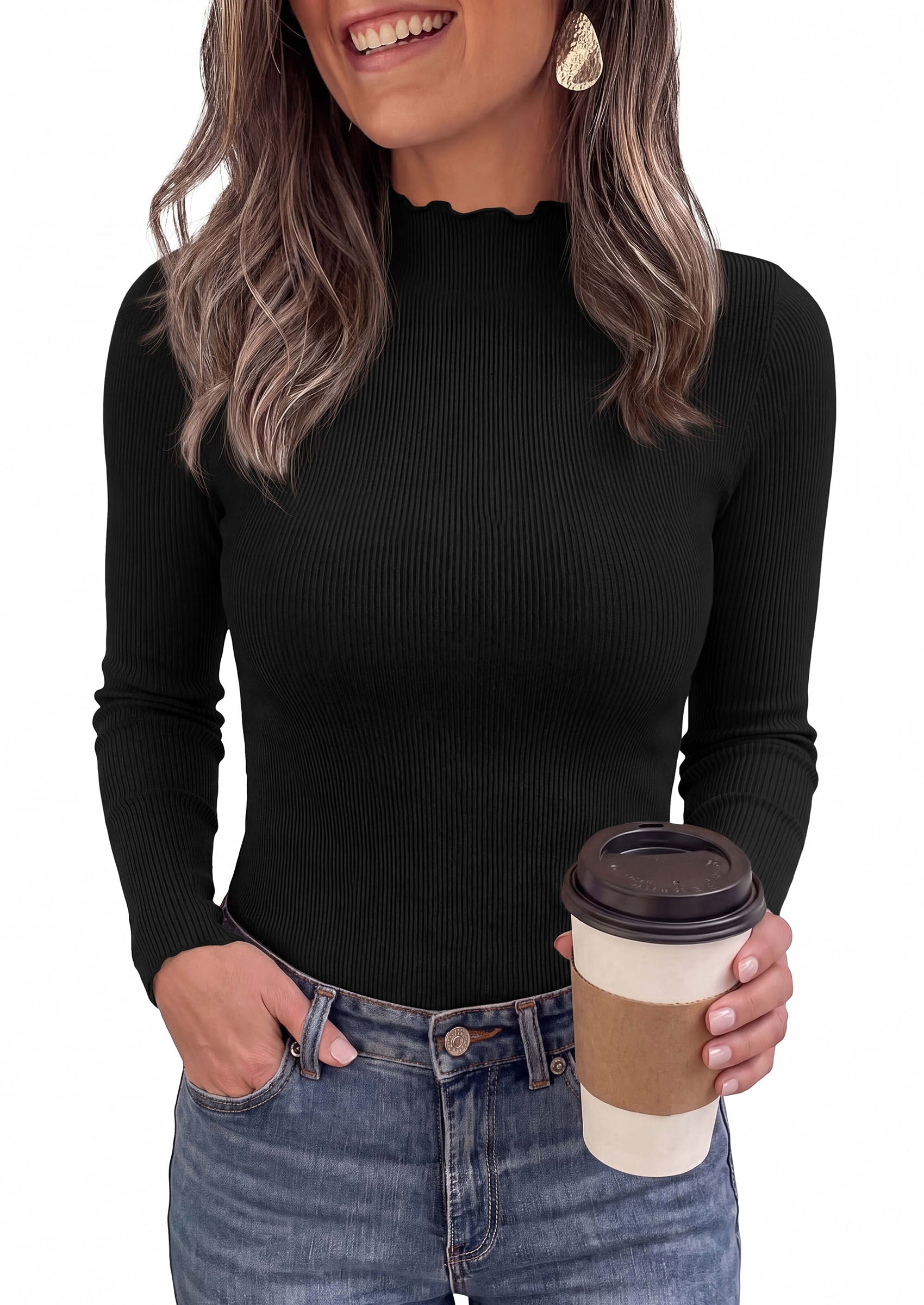 PRETTYGARDEN Women's Fall Long Sleeve Shirts Basic Tees | Soft Stretchy Ribbed Fabric, Lettuce Trim Mock Neck, Slim Fitted Cute Tops, Layering Fashion Clothing, Trendy Casual Outfits