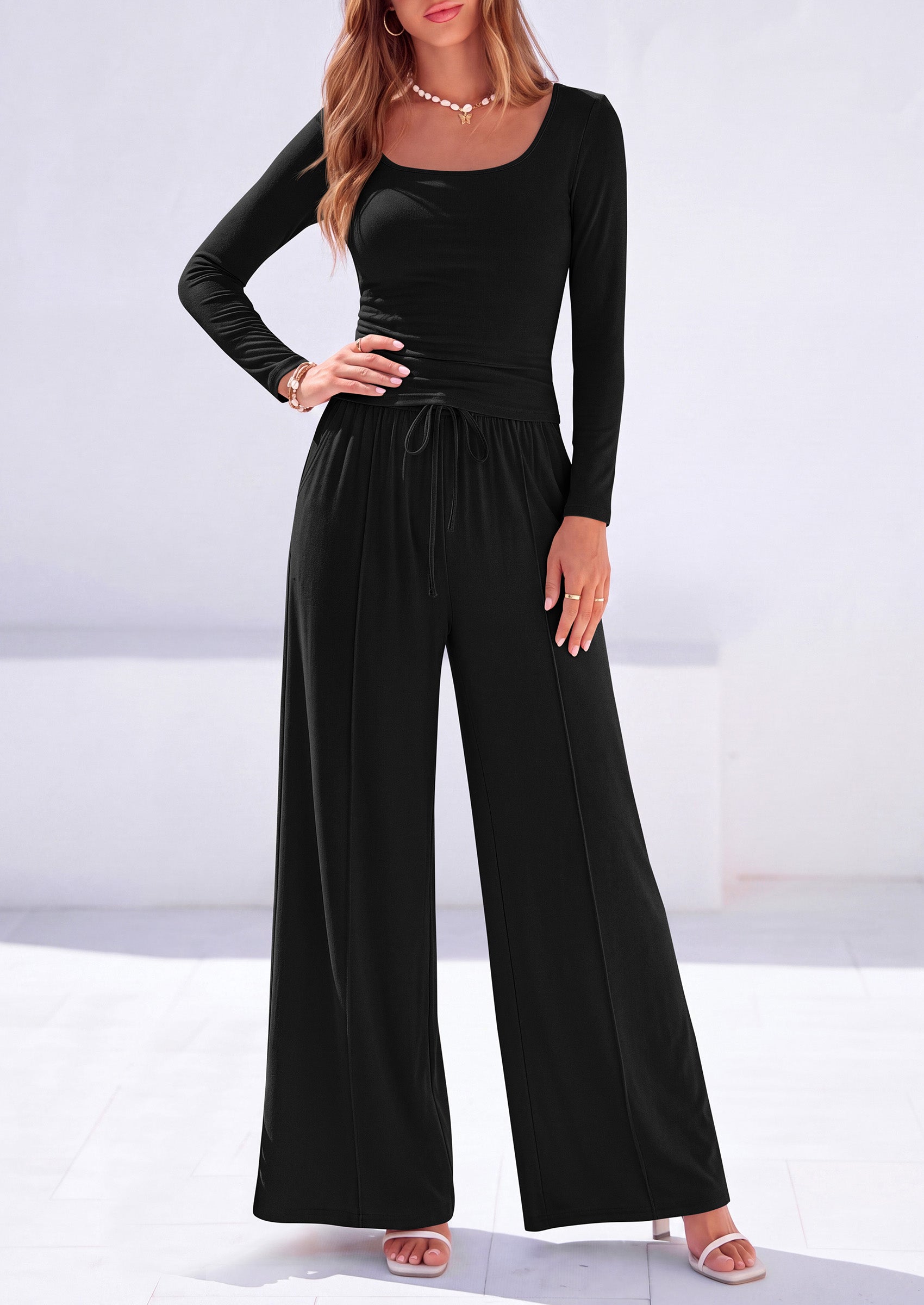 PRETTYGARDEN 2 Piece Sets for Women Fall Lounge Matching Set  Soft Fitted Square Neck Long Sleeve Crop Top, Casual Wide Leg Pants, Work, Home, Workout, Travel, Airport, Comfy Fall Clothes