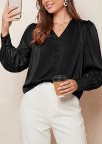 PRETTYGARDEN Satin Long Sleeve Womens Blouses Dressy Casual | Glossy Smooth Silk Fabric,Lantern Sleeve Fall Tops,Decorative Button Pullover,V Neck Shirts,Office Work Business Outfits