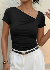 PRETTYGARDEN Women's 2026 Summer Asymmetrical Y2K Tops Trendy Ribbed Short Sleeve Fitted Tee Shirts Spring Fashion Clothing