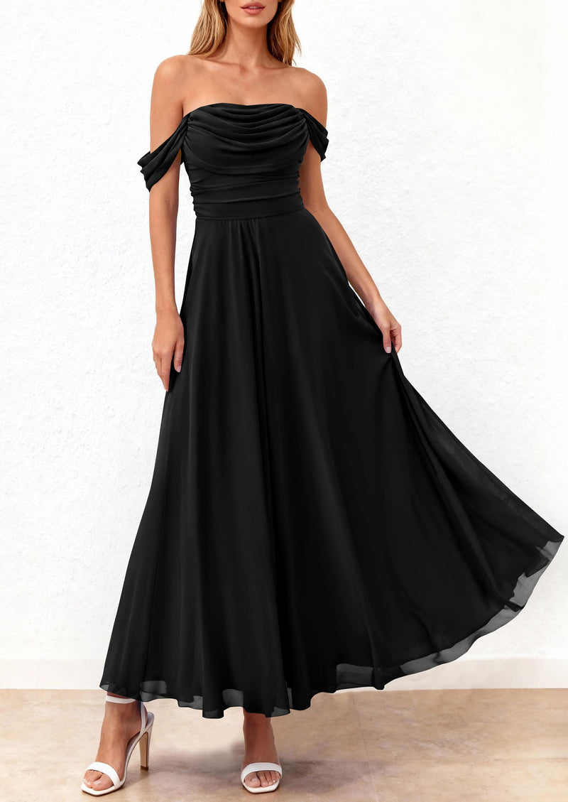 PRETTYGARDEN Womens Off Shoulder Maxi Summer Dresses 2026 Elegant Mesh Aline Swing Ruched Flowy Cocktail Wedding Guest Dress PRETTYGARDEN