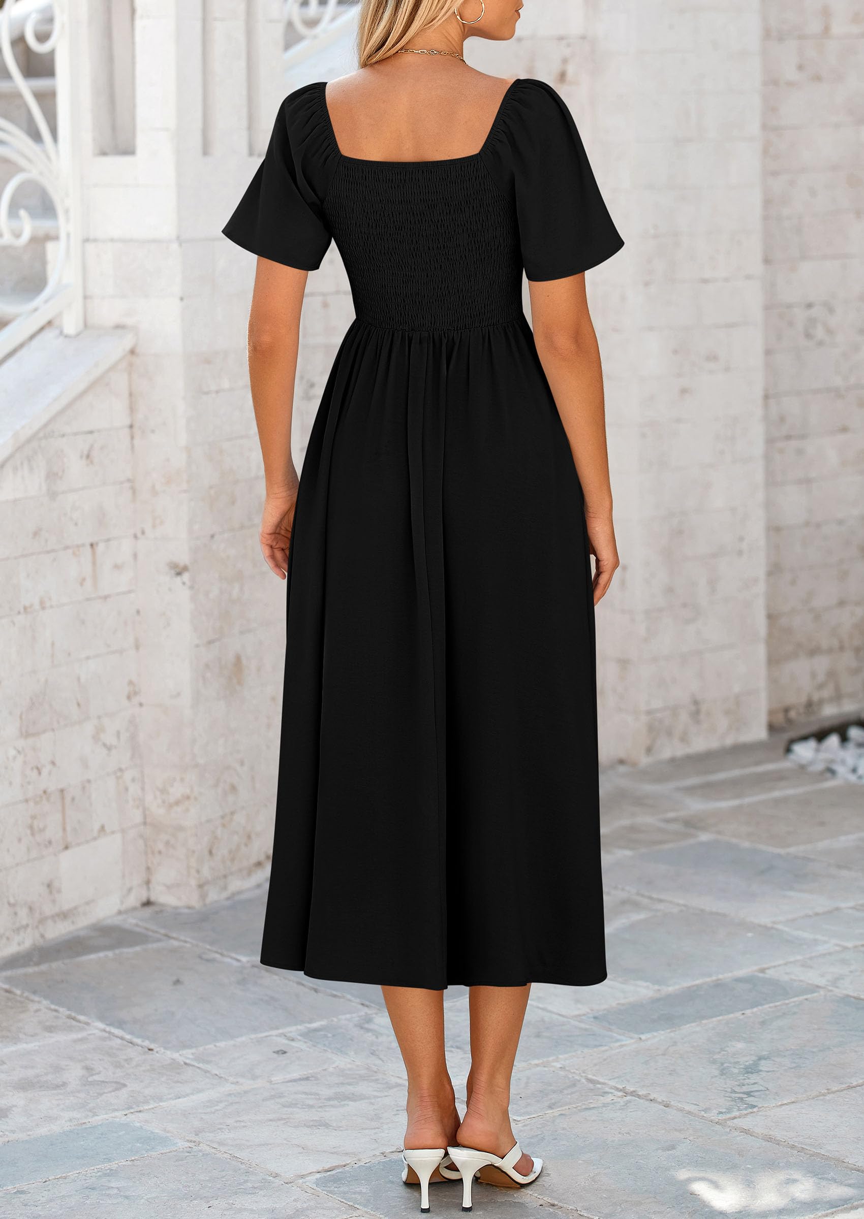 PRETTYGARDEN Summer Dress for Women Casual Short Sleeve Bow Tie V Neck Ruffle Midi Flowy Dresses