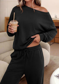 PRETTYGARDEN Womens 2 Piece Casual Matching Lounge Sets  Fashion Off the Shoulder Sweatshirt, Wide Leg Pants with Pockets, Comfy Airport Travel Outfit, 2026 Trendy Fall Set