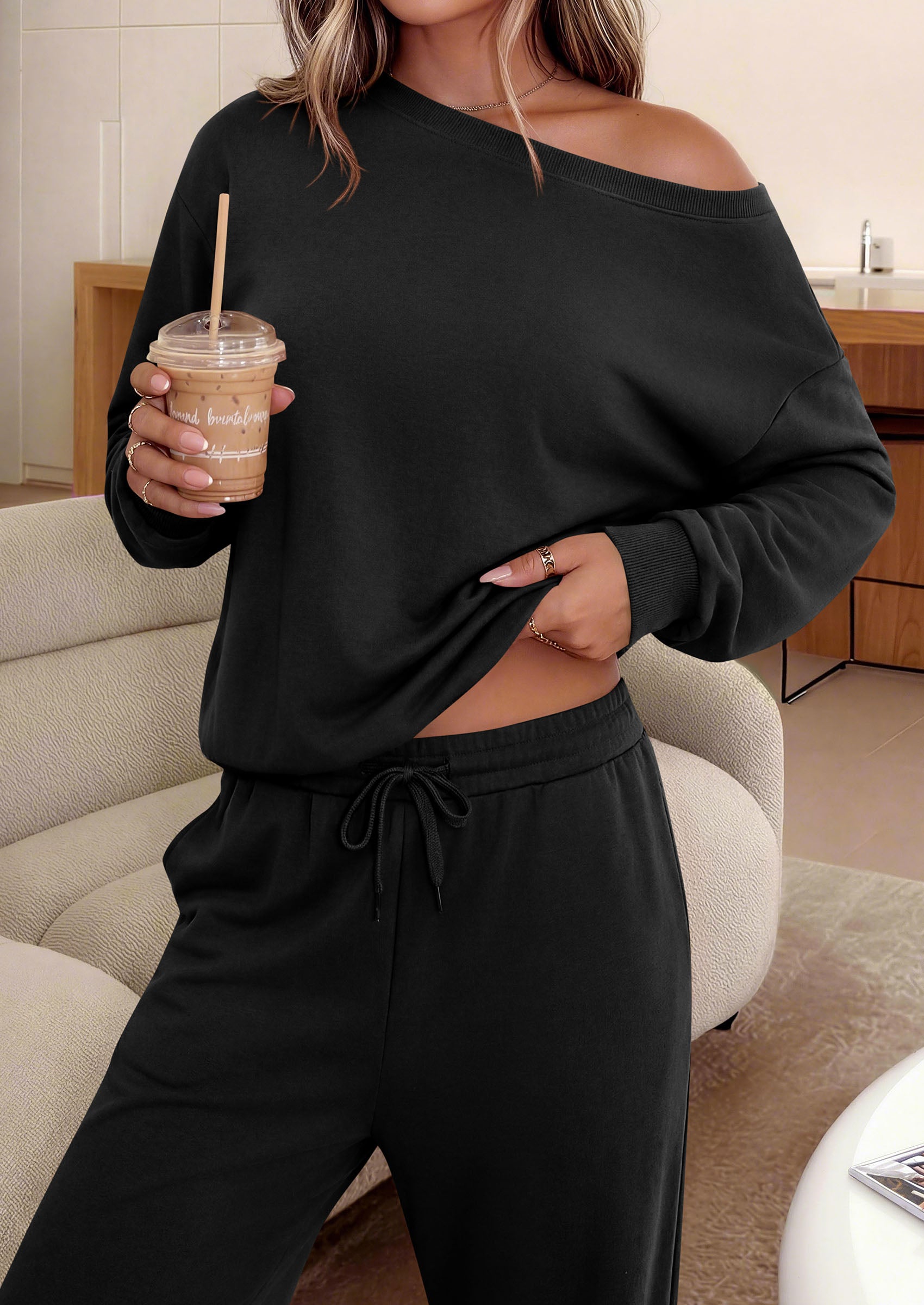 PRETTYGARDEN Womens 2 Piece Casual Matching Lounge Sets  Fashion Off the Shoulder Sweatshirt, Wide Leg Pants with Pockets, Comfy Airport Travel Outfit, 2026 Trendy Fall Set