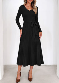 PRETTYGARDEN Womens Fall Maxi Long Sleeve Sweater Dress  Soft Stretchy Knit, V Neck A Line Dresses with Bow, Flowy Pleated Hem, Cocktail Party Outfits, Trendy Winter Clothes