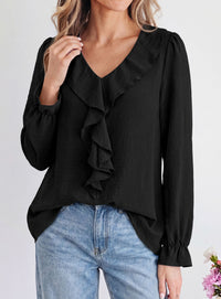 PRETTYGARDEN Women Early Fall Fashion Dressy Casual Blouses  | Comfy Lightweight,Lantern Long Sleeve Shirts,Cute Ruffle V Neck,Going Out Tops,Business Work Outfits,Trendy Daily Clothes
