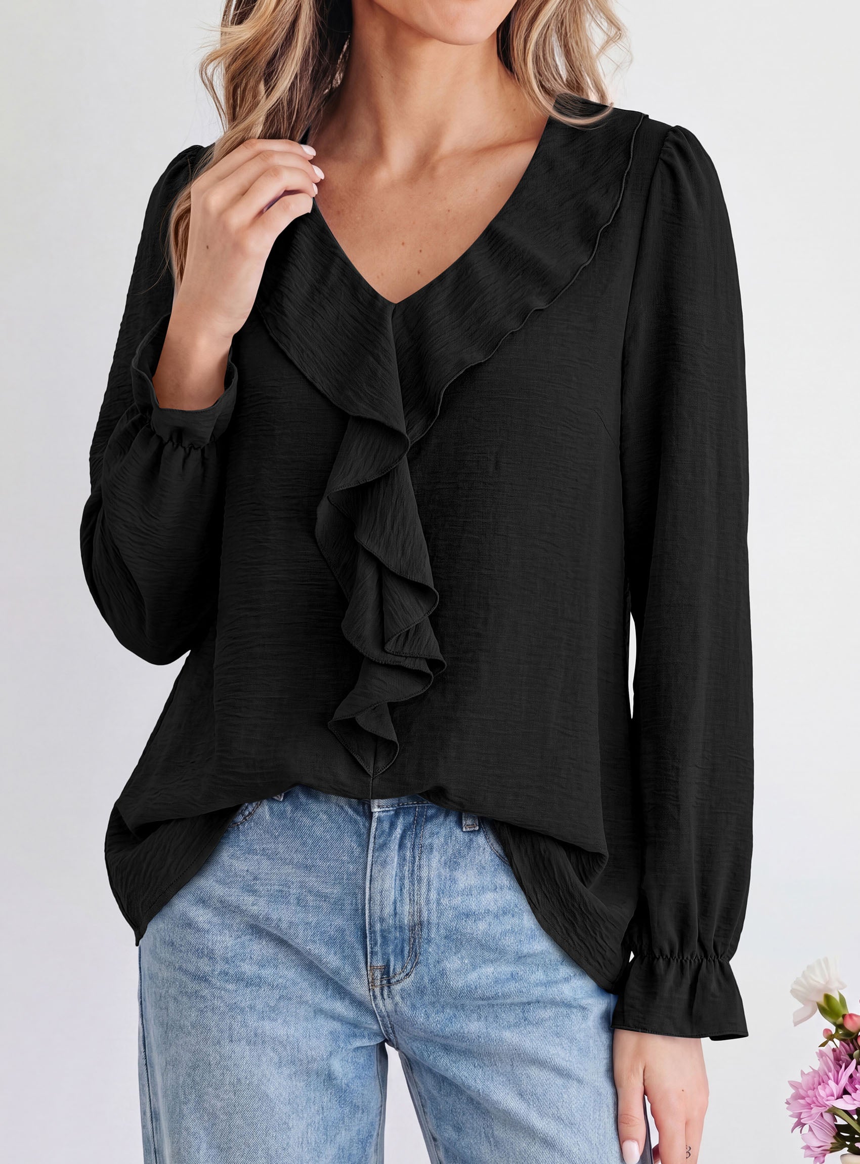 PRETTYGARDEN Women Early Fall Fashion Dressy Casual Blouses  | Comfy Lightweight,Lantern Long Sleeve Shirts,Cute Ruffle V Neck,Going Out Tops,Business Work Outfits,Trendy Daily Clothes