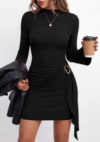 PRETTYGARDEN Women Long Sleeve Bodycon Ruched Mini Dress | Mock Neck Gold Buckle, Slim Fit, Weeding Guest Dress, Elegant Dressy Casual, Cocktail Party Date Night, Fall Winter Outfits