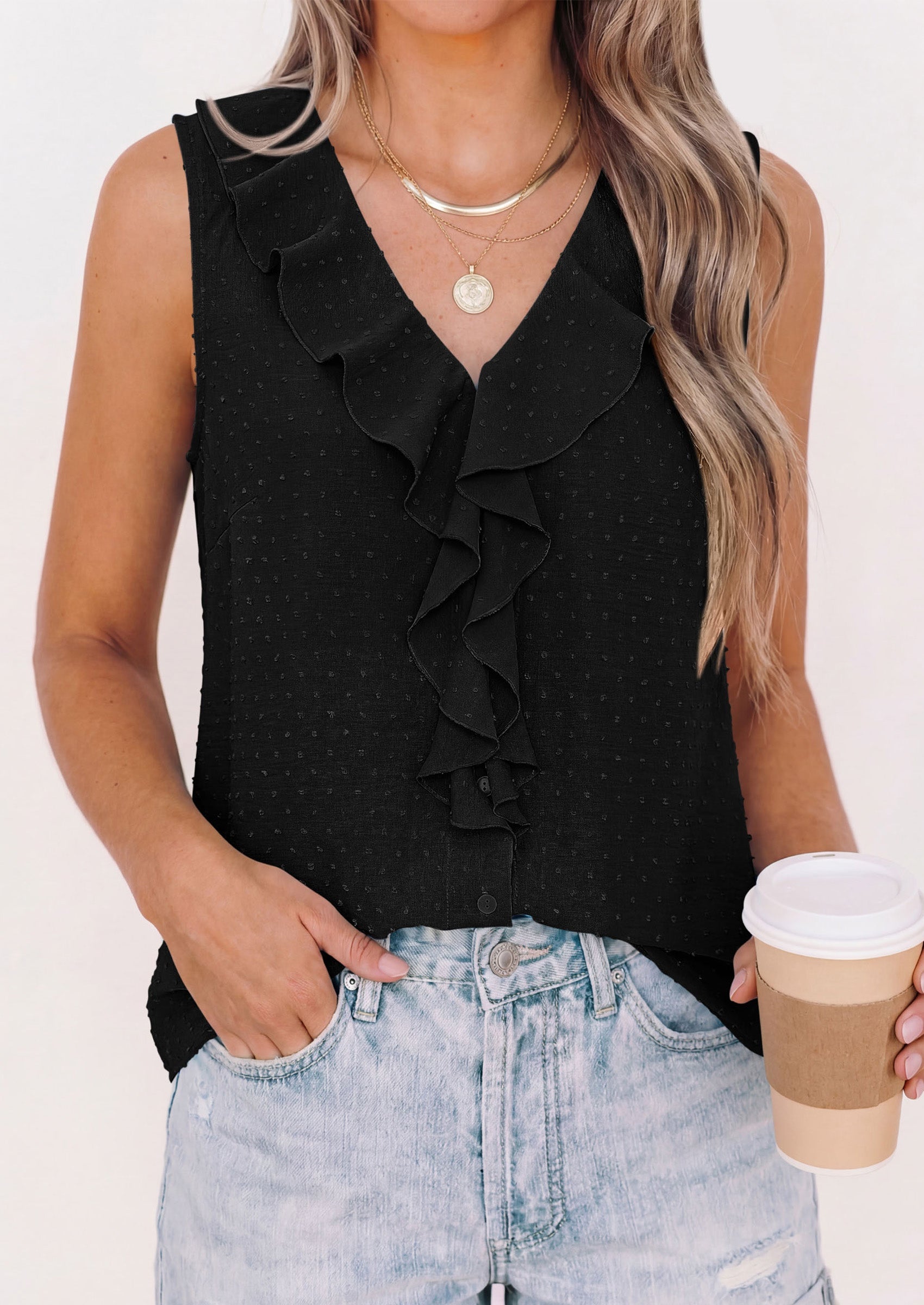 PRETTYGARDEN Womens Tank Tops 2026 Summer Dressy Casual Blouses Sleeveless Ruffle V Neck Swiss Dot Button Down Work Shirts PRETTYGARDEN