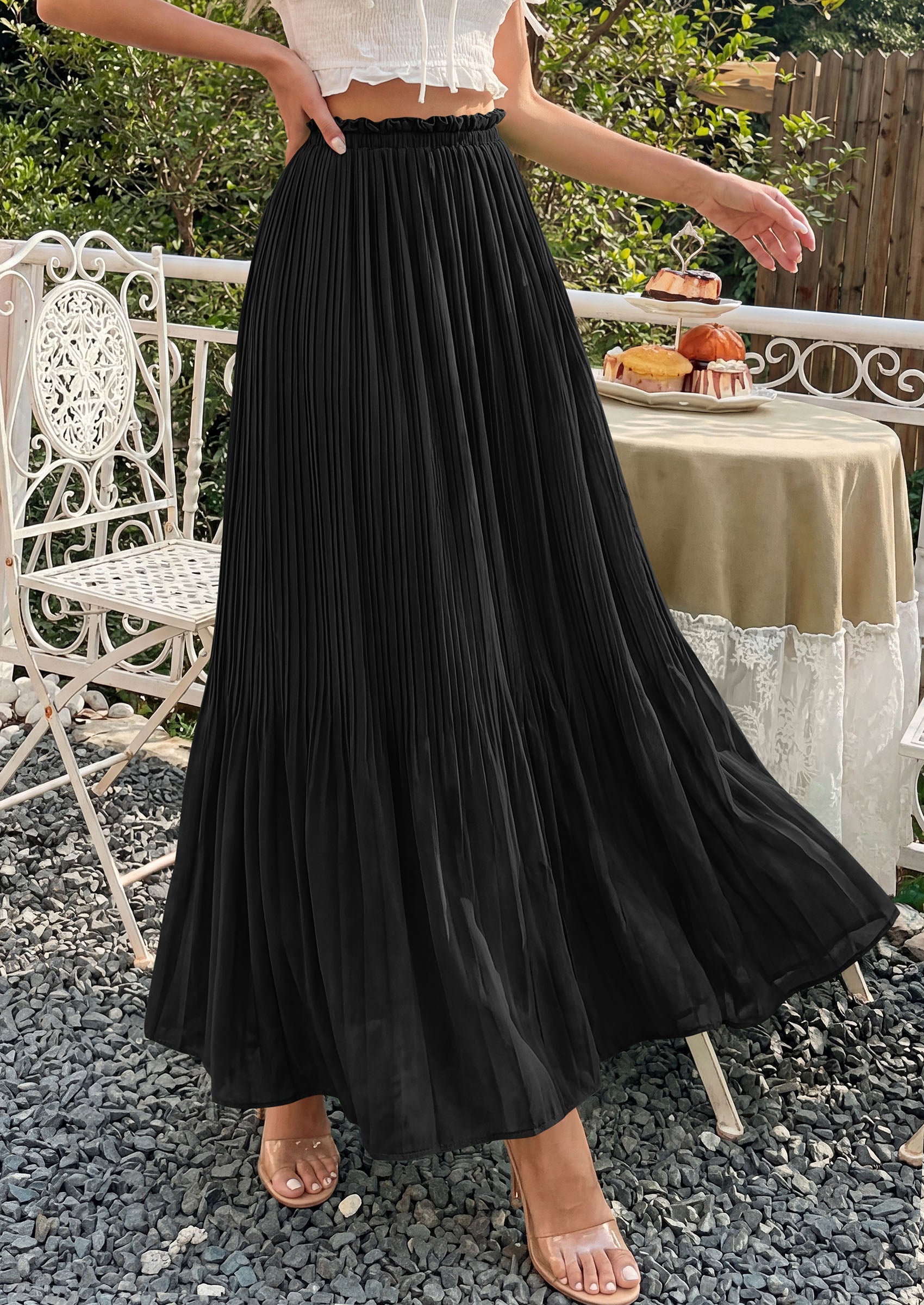PRETTYGARDEN Pleated Long Skirts for Women Summer Vacation Outfits 2026 Spring Elastic Waisted Flowy Chiffon A-Line Midi Skirt PRETTYGARDEN
