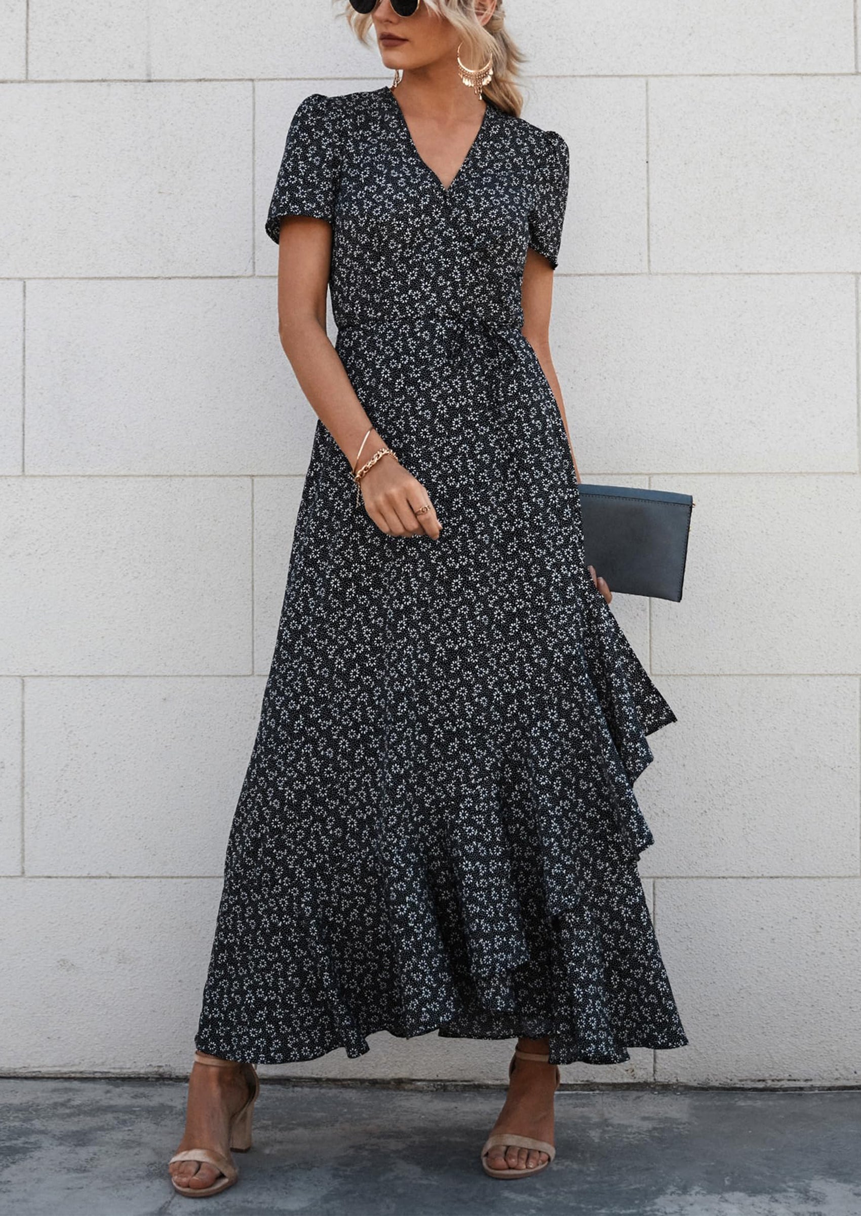 PRETTYGARDEN Women's Summer Maxi Dress Casual Wrap Floral Boho Short Sleeve V Neck Split Ruffle Beach Long Dresses