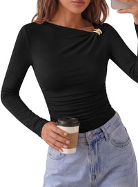 PRETTYGARDEN Long Sleeve Shirts for Women 2026 Ruched Knit Asymmetrical Tight Fitted Going Out Tops Y2k Fall Clothes