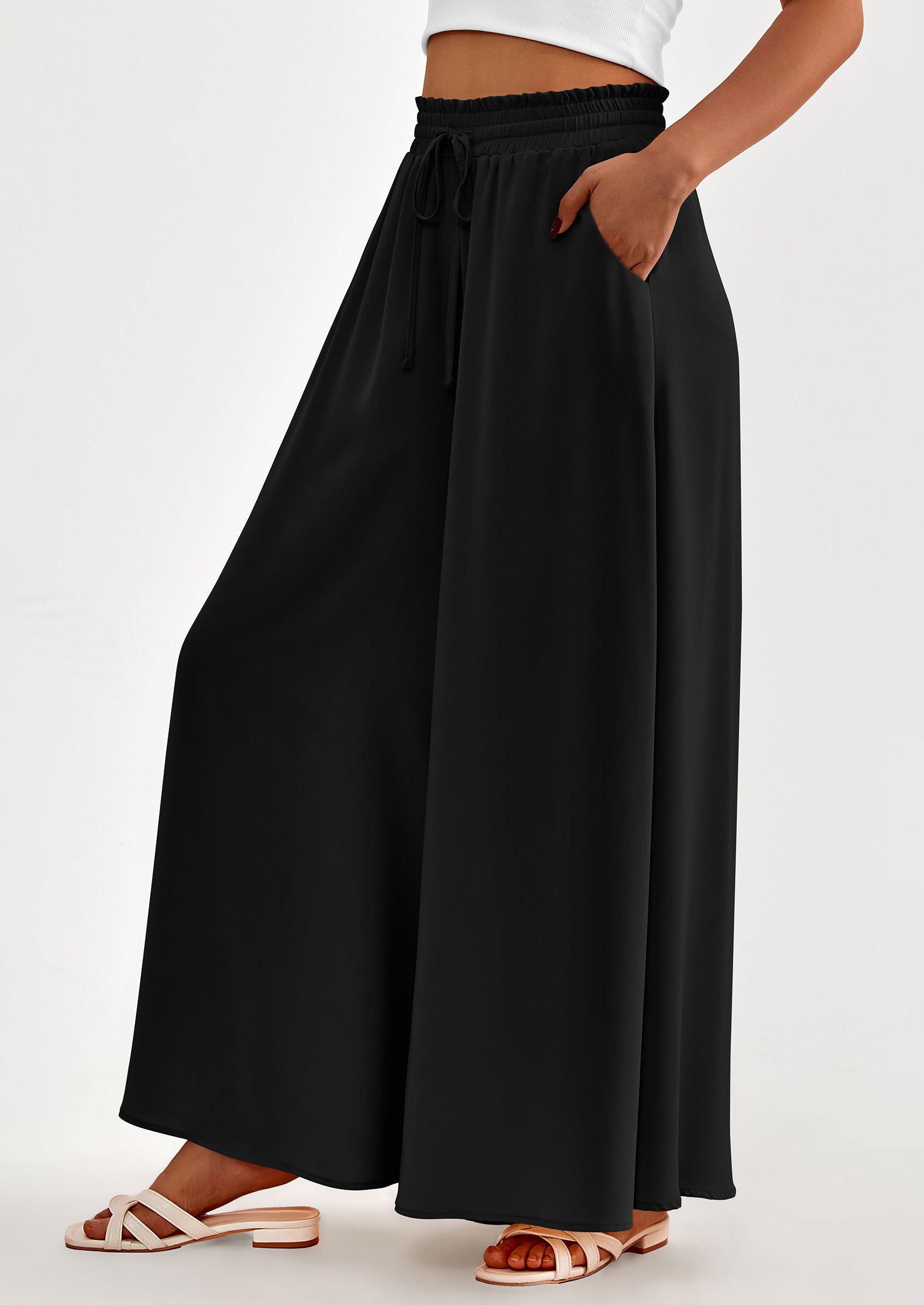 PRETTYGARDEN Women's Summer Wide Leg Palazzo Pants High Waisted Flowy Pockets Trendy Casual Lounge Boho Beach Trousers