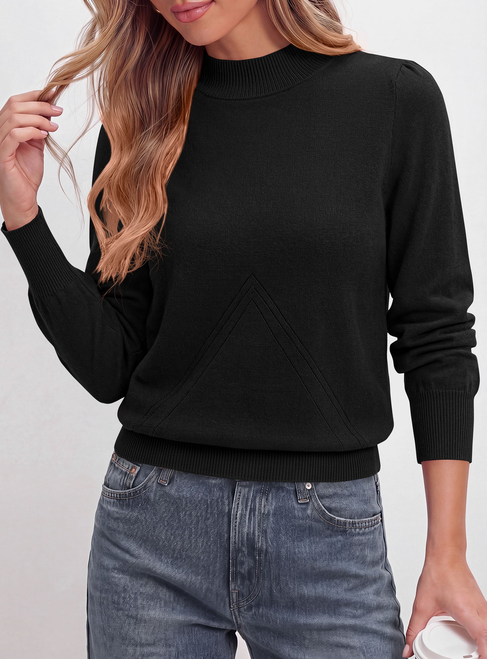 PRETTYGARDEN Womens Fall Mock Neck Long Sleeve Sweater  Soft Stretchy Fabric, V-Shape Knit Pattern, Chic Puff Sleeves, Ribbed Trim Pullover Sweaters, Casual Work Office Outfits