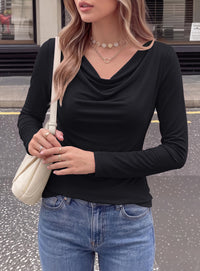 PRETTYGARDEN Cowl Neck Tops for Women Fashion Long Sleeve Shirt  Comfy Ruched Shirts, Soft Lightweight Knit, Chic Cowl Neck Top, Casual Going Out Outfits, Fall Winter Trendy Clothes
