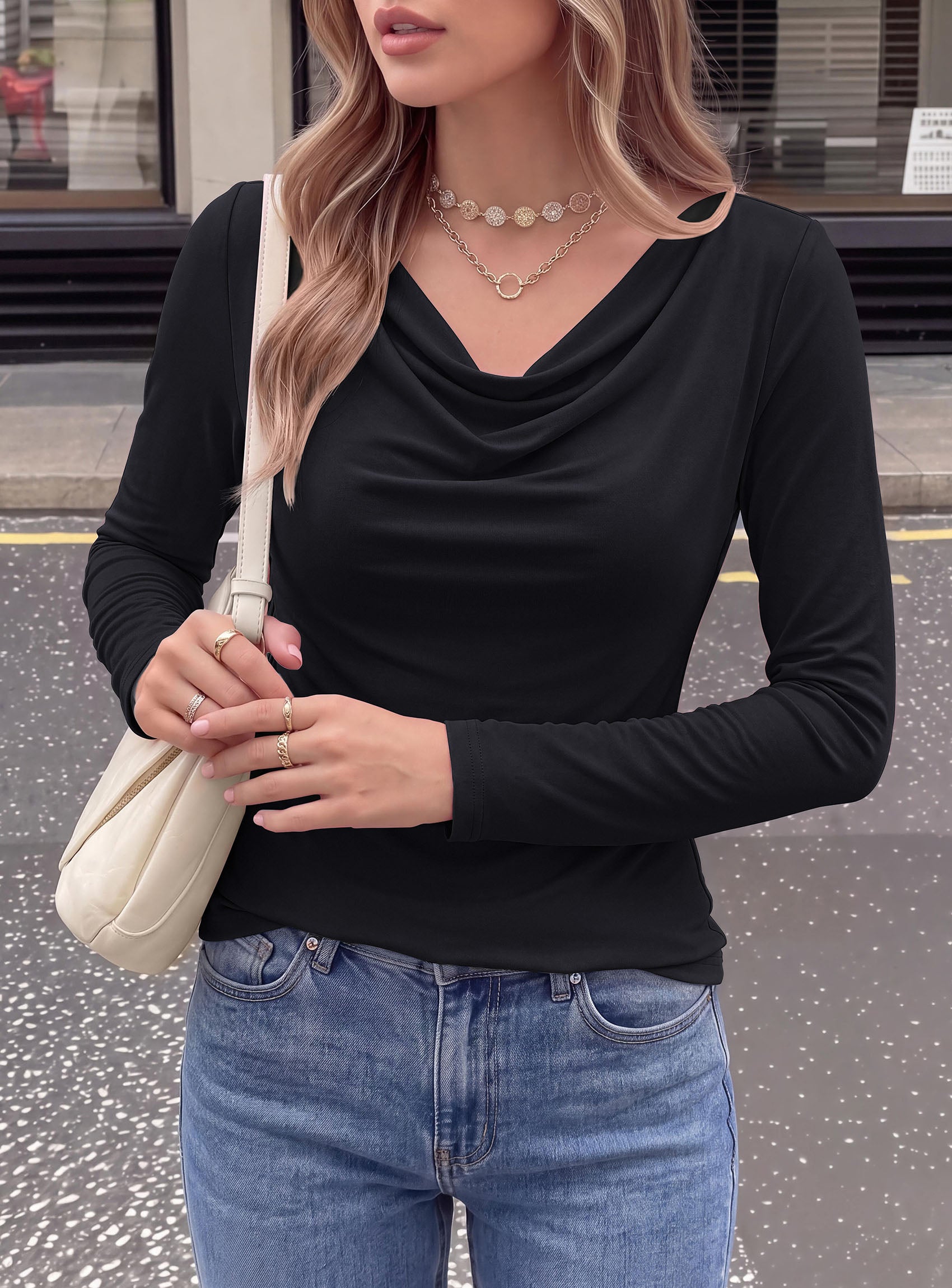 PRETTYGARDEN Cowl Neck Tops for Women Fashion Long Sleeve Shirt  Comfy Ruched Shirts, Soft Lightweight Knit, Chic Cowl Neck Top, Casual Going Out Outfits, Fall Winter Trendy Clothes