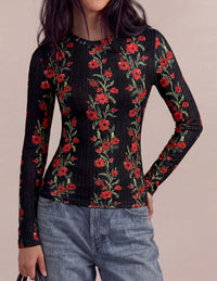 PRETTYGARDEN Womens Long Sleeve Shirts Floral Y2K Tops | Soft Lightweight Ribbed Knit Top,Fitted Waist,Crew Neck Slim Fit,Going Out Vacation Outfits,Layering Fall Winter Clothes