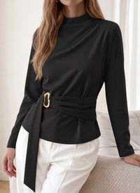 PRETTYGARDEN Women Blouses Fall Dressy Mock Neck Long Sleeve Work Shirts Buckle Belted Tunic Business Casual Tops