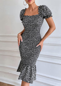 PRETTYGARDEN Bodycon Midi Dresses Summer Floral Puff Sleeve Mermaid Cocktail Baby Shower Photoshoot Maternity Dress