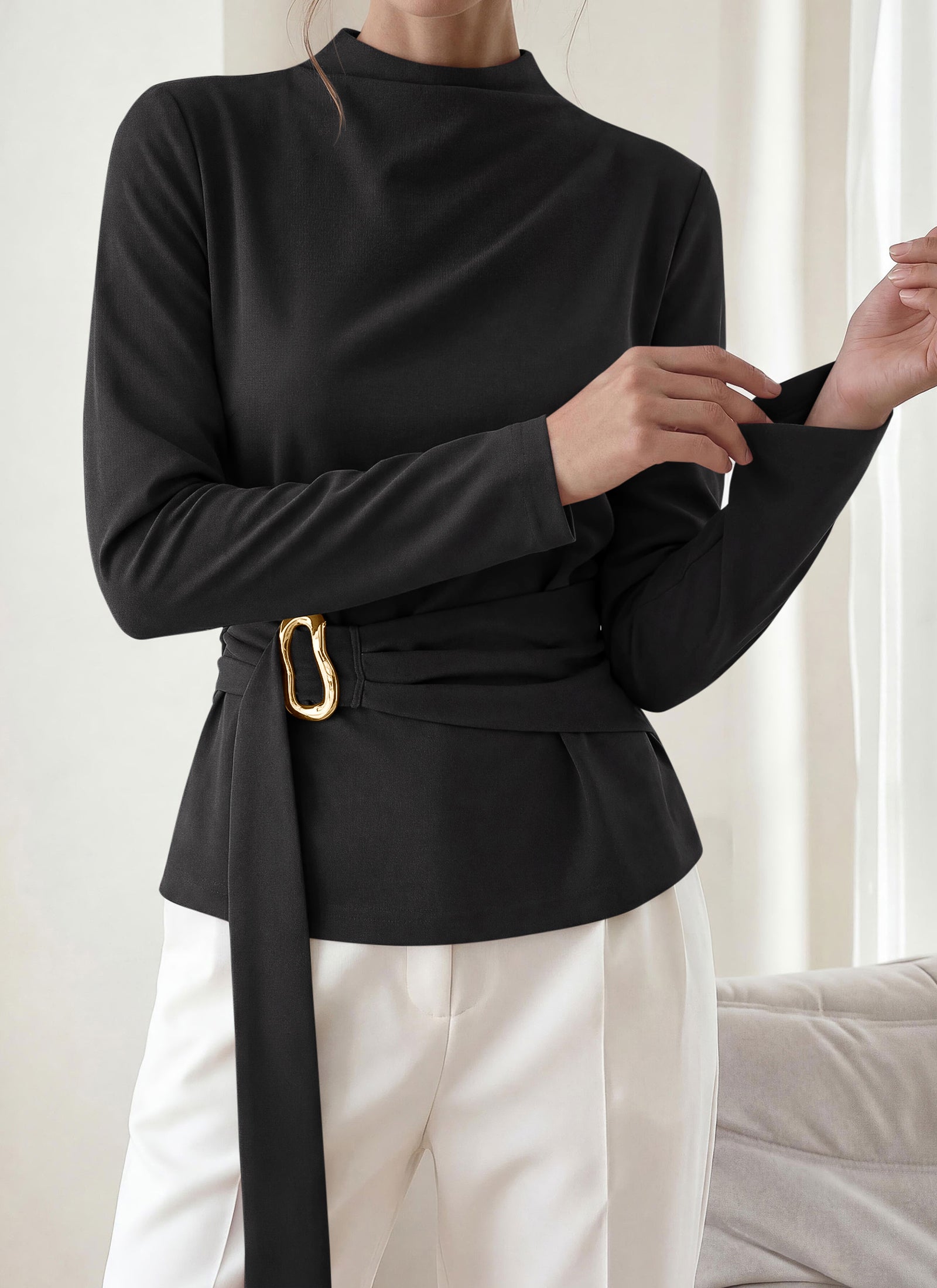 PRETTYGARDEN Women Blouses Fall Dressy Mock Neck Long Sleeve Work Shirts Buckle Belted Tunic Business Casual Tops