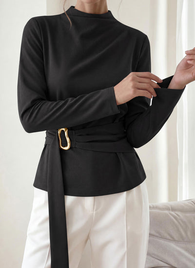 PRETTYGARDEN Women Blouses Fall Dressy Mock Neck Long Sleeve Work Shirts Buckle Belted Tunic Business Casual Tops