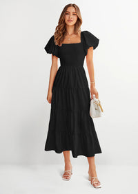 PRETTYGARDEN Women's Summer Casual Midi Dress Puffy Short Sleeve Square Neck Smocked Tiered Ruffle Dresses