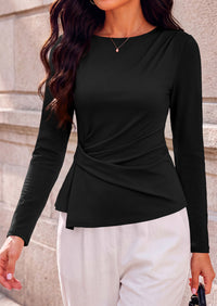 PRETTYGARDEN Womens Ruched Tops Casual Long Sleeve Shirt  Soft Stretchy Knit, Round Neck Slim Fitted Shape, Pleated Asymmetrical Hem, Office Work Daily Wear, Trendy Fall Outfits