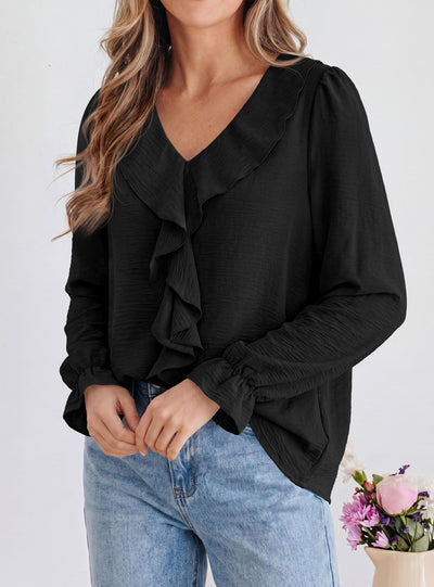 PRETTYGARDEN Women Early Fall Fashion Dressy Casual Blouses  | Comfy Lightweight,Lantern Long Sleeve Shirts,Cute Ruffle V Neck,Going Out Tops,Business Work Outfits,Trendy Daily Clothes