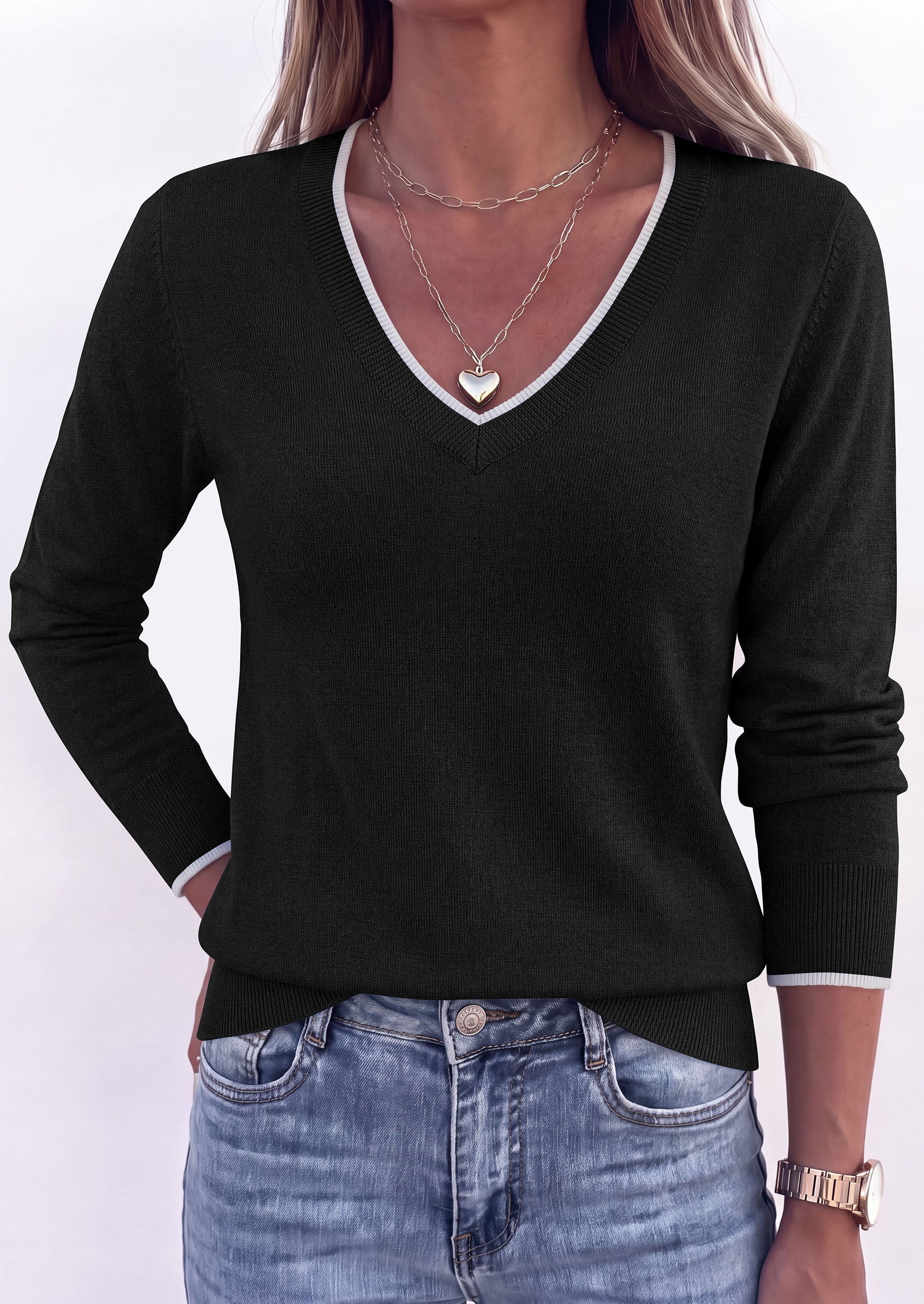 PRETTYGARDEN Women's V Neck Sweater Long Sleeve Knit Tops | Contrast Trim, Cozy Lightweight Pullover, Loose Basic Soft, Business Casual, Holiday Vacation Outfits, Fall Winter Clothes
