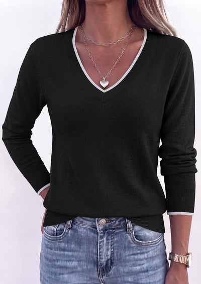 PRETTYGARDEN Women's V Neck Sweater Long Sleeve Knit Tops | Contrast Trim, Cozy Lightweight Pullover, Loose Basic Soft, Business Casual, Holiday Vacation Outfits, Fall Winter Clothes