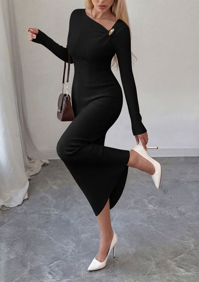 PRETTYGARDEN Womens Fall Long Sleeve Ribbed Sweater Dress | Breathable Knit Fabric, Elegant Bodycon Cut, Fashion Asymmetrical Neck, Night Out Party Dresses, 2026 Trendy Winter Clothes  Price, product page