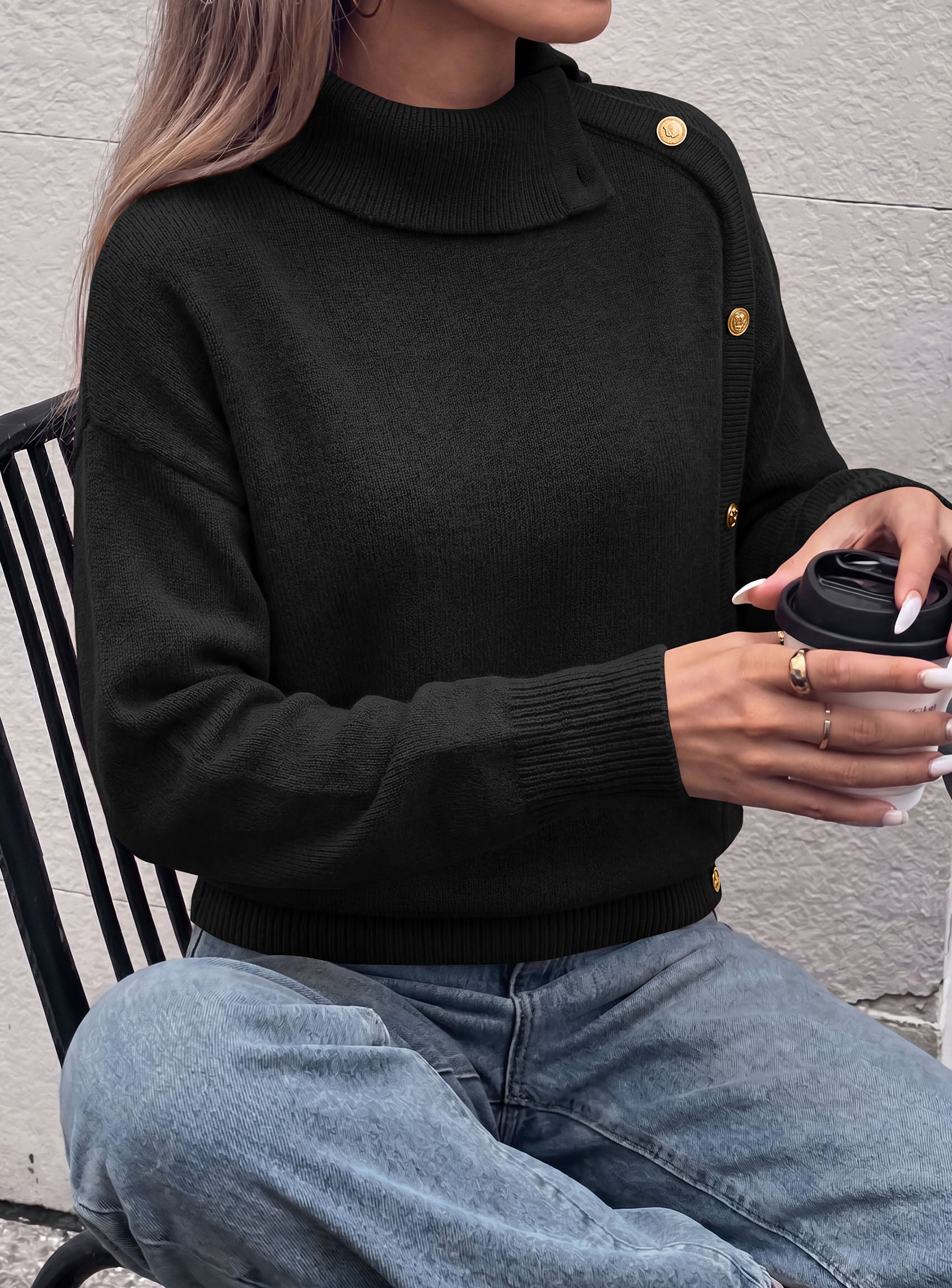PRETTYGARDEN Womens Turtleneck Sweater Pullover Side Button Fall Clothes  Stretchy Knit,Dropped Shoulder,Ribbed Cuffs,Asymmetrical,Jumper Long Sleeve Tops,Work Office,2026 Winter Casual Outfits