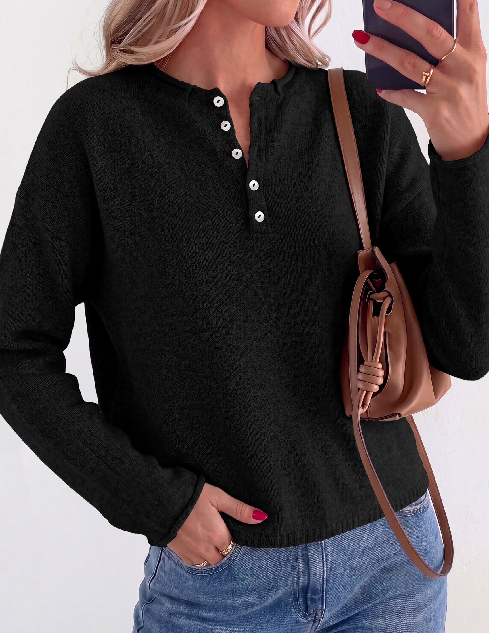 PRETTYGARDEN Women's Fall Button Up Cozy Pullover Sweaters | Stretchy Soft Knit, Drop Shoulder Long Sleeve Tops, Henley Crewneck Rolled Edge, Dressy Casual Blouses, Trendy Winter Clothes