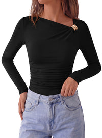 PRETTYGARDEN Long Sleeve Shirts for Women 2026 Ruched Knit Asymmetrical Tight Fitted Going Out Tops Y2k Fall Clothes