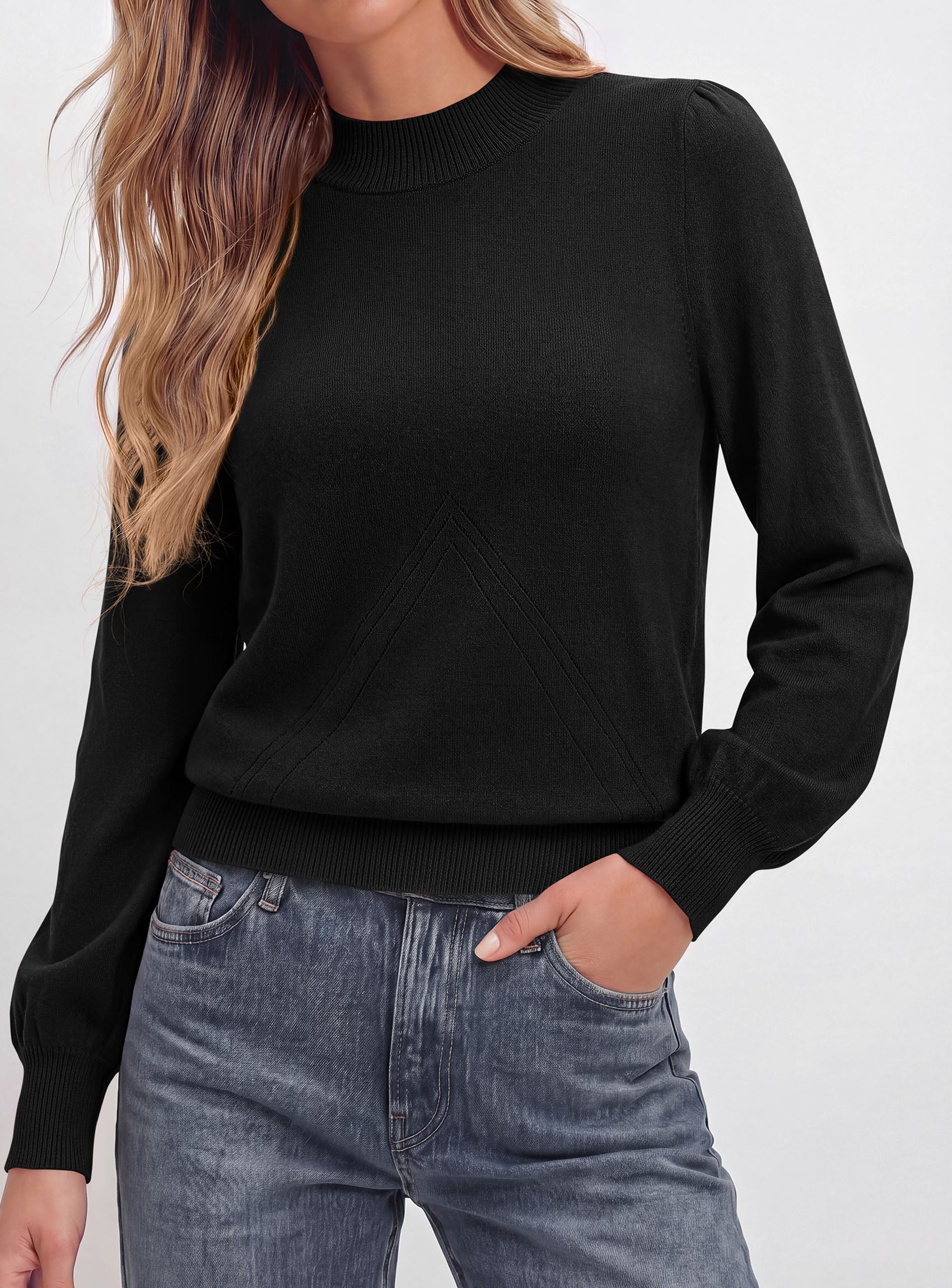 PRETTYGARDEN Womens Fall Mock Neck Long Sleeve Sweater  Soft Stretchy Fabric, V-Shape Knit Pattern, Chic Puff Sleeves, Ribbed Trim Pullover Sweaters, Casual Work Office Outfits