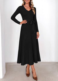 PRETTYGARDEN Womens Fall Maxi Long Sleeve Sweater Dress  Soft Stretchy Knit, V Neck A Line Dresses with Bow, Flowy Pleated Hem, Cocktail Party Outfits, Trendy Winter Clothes
